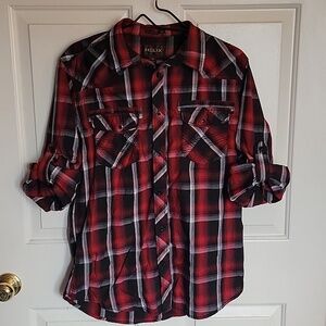 Helix men's medium, black and red plaid buttondown shirt.